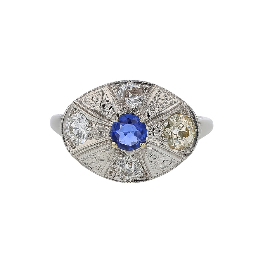 Art Deco 0.35ct Sapphire and 0.86ct Old European Cut Diamond Halo Ring in Platinum, size 8.75 Circa 1930's