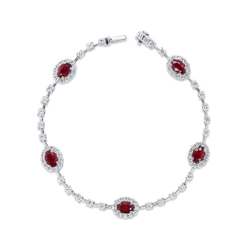 Tennis 2.07ct Diamonds and 2.98ct Oval Ruby Halo Bracelet in 18K White Gold, 7in