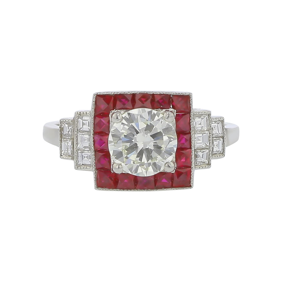 Round Diamond, Ruby and Diamond Ring in Platinum, Size 6.5