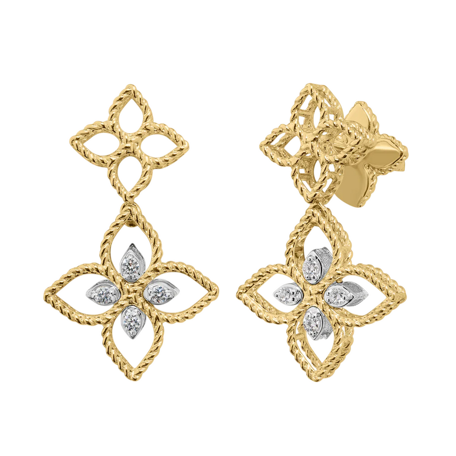 Princess 0.07ct Diamond Flower Drop Earrings in 18K Yellow and White Gold