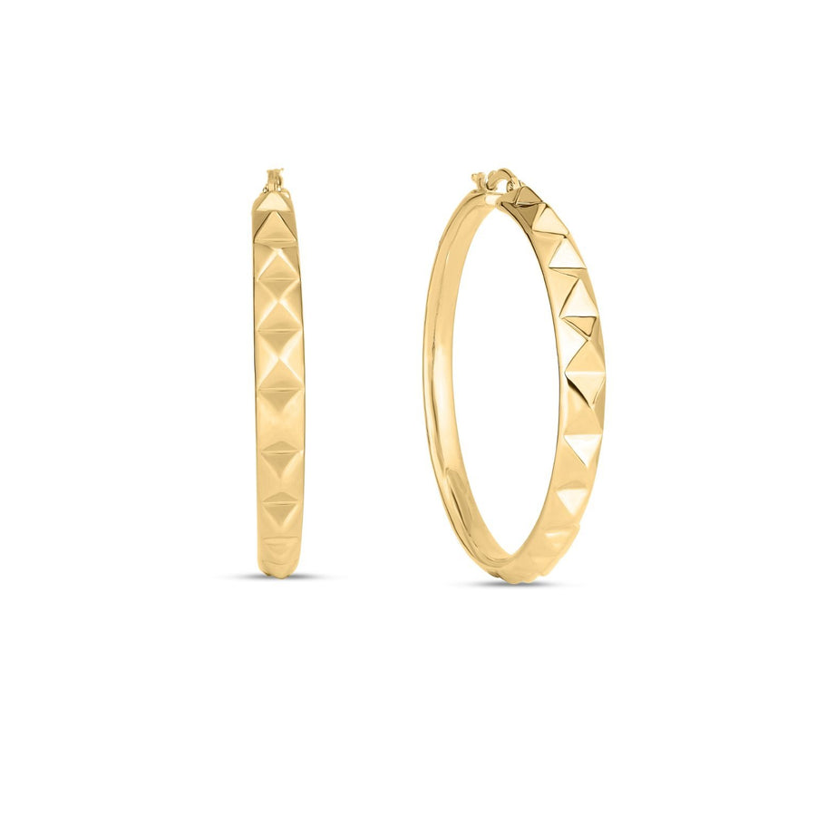 Designer Gold Pyramid Hoop Earrings in 18K Yellow Gold, Size Large