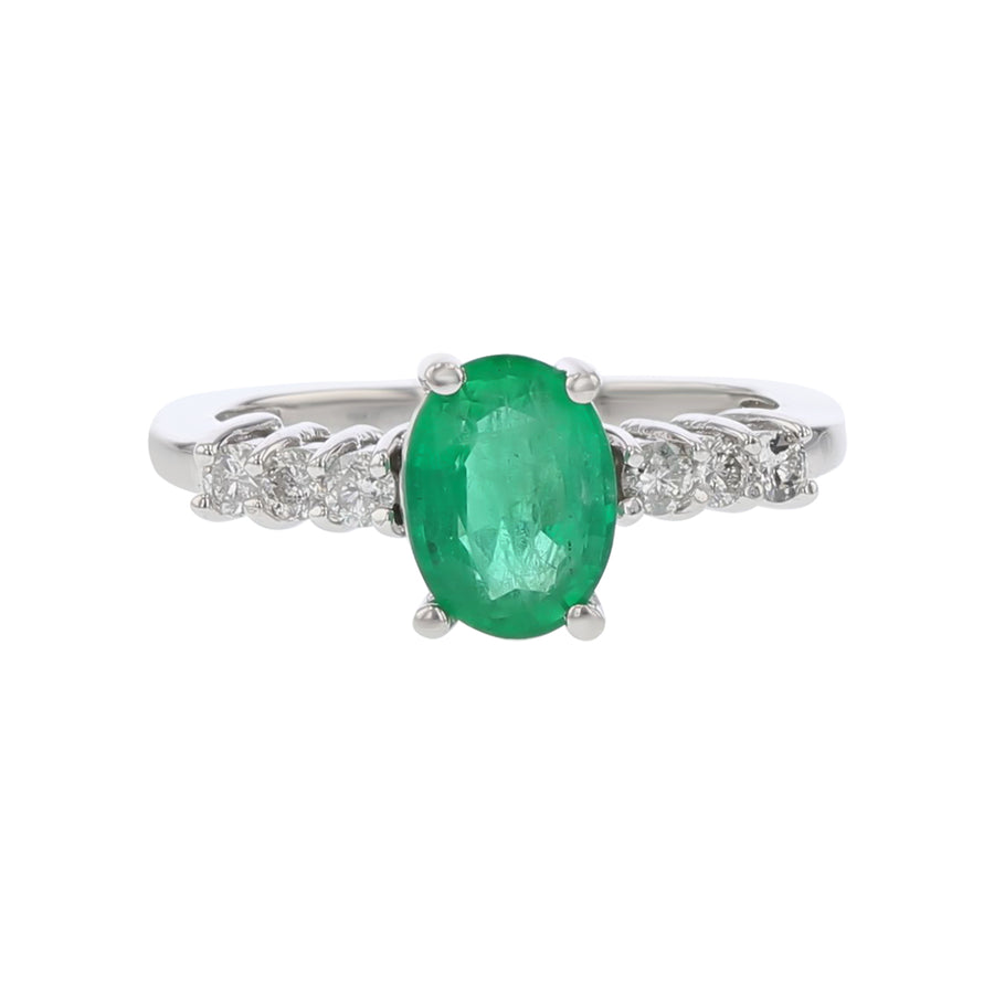 1.05ct Oval Emerald and 0.12ct Diamond Ring in 14K White Gold, Size 5.25