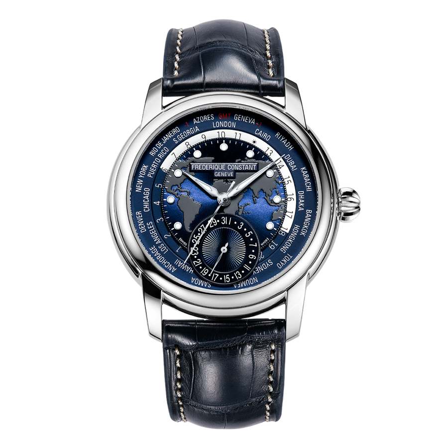 42mm Manufacture Worldtimer Classic Navy Dial Watch in Stainless Steel with Navy Leather Strap