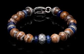 Sand and Sea Fire Opal Sodalite and Woolly Mammoth Tooth Beaded Bracelet in Sterling Silver, Large