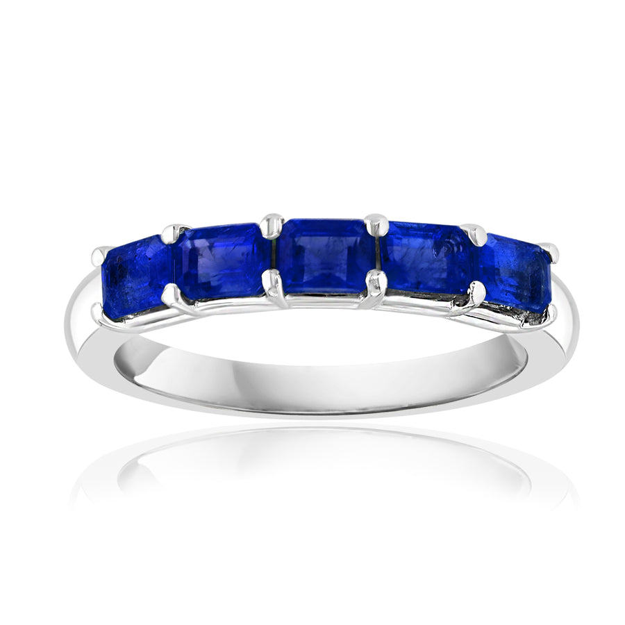 1.33ct Emerald Cut Sapphire 5 Stone Band in 14K White Gold, size 6