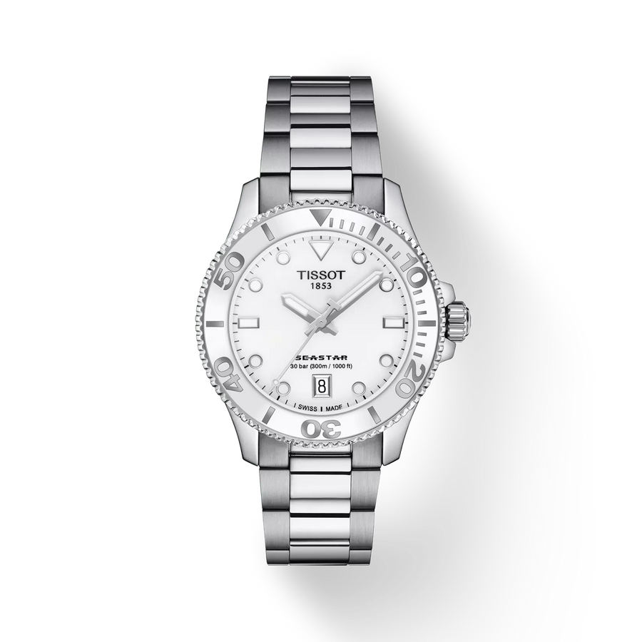 36mm Seastar 1000 Watch with White Index Dial in Stainless Steel, Bracelet