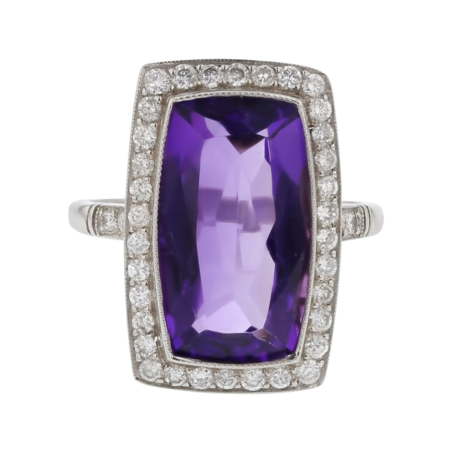 Amethyst and Diamond Halo Ring in Platinum, Size 6.5
