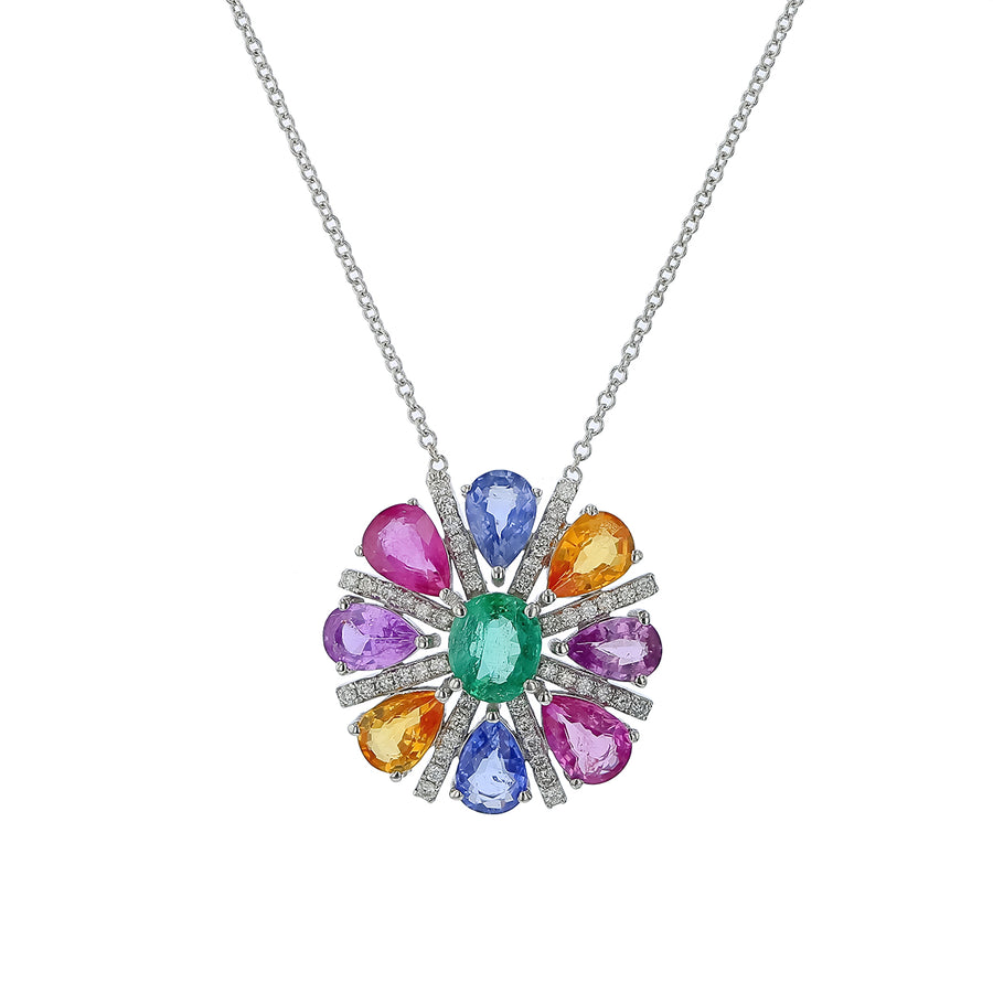 4.00ct Multi Color Pear Shape Sapphire 0.55ct Emerald and 0.40ct Diamond Necklace in 18K White Gold, 16"