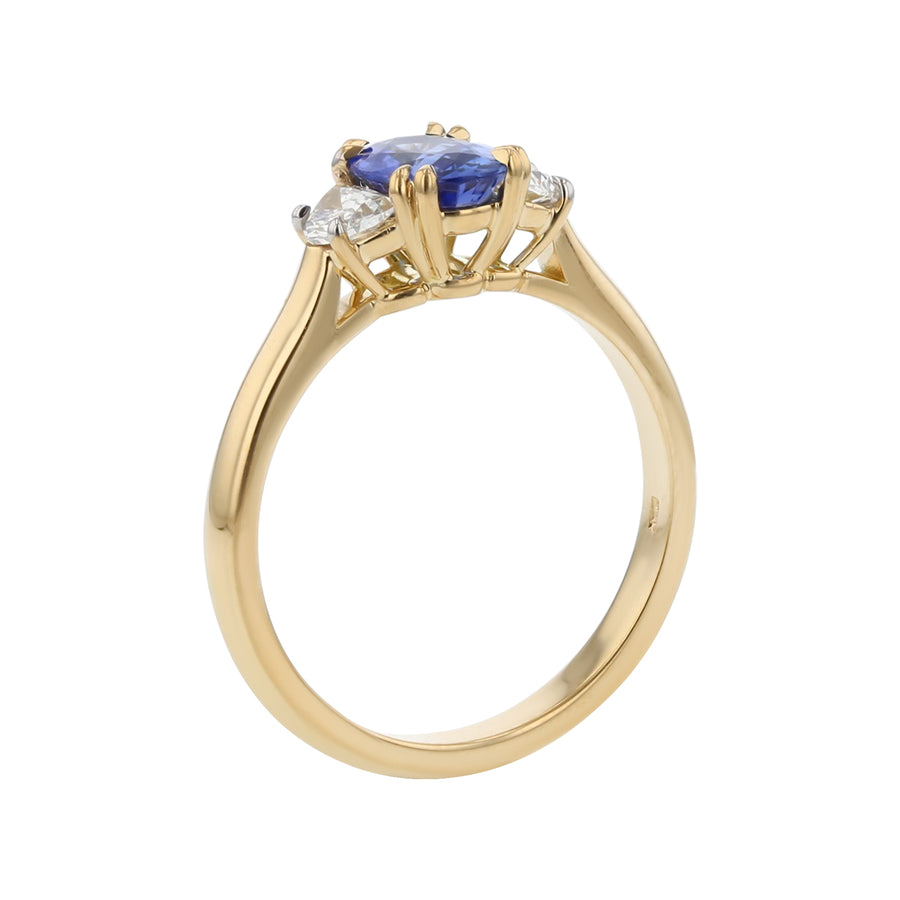 1.04ct Sri Lankan Oval Sapphire 0.36ct Half Moon Diamonds 3 Stone Ring in 18k Yellow Gold, Size 6.5