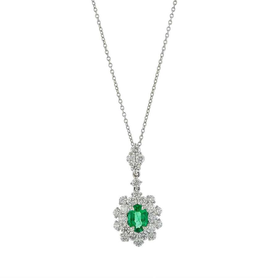 0.74ct Oval Emerald 1.20ct Diamond Halo Pendant in 14K White Gold, 18" chain
