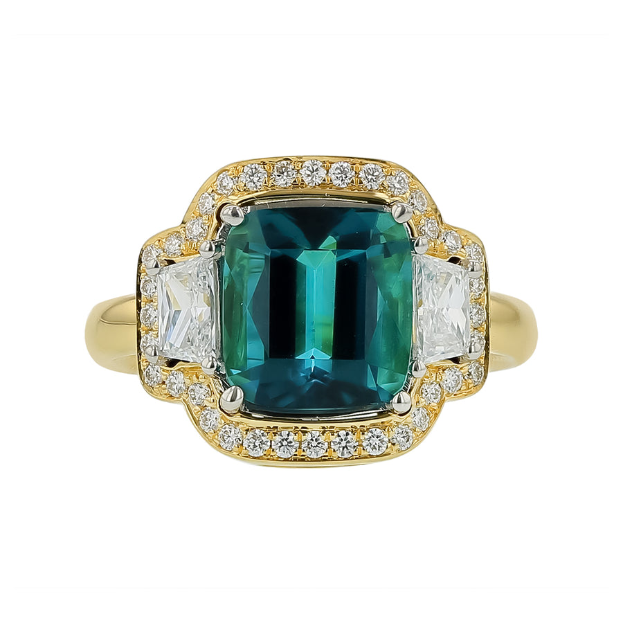3.36ct Cushion Green Tourmaline, 0.54ct Trapezoid and 0.24ct Diamond Halo Ring in 18K Yellow Gold, size 6.25