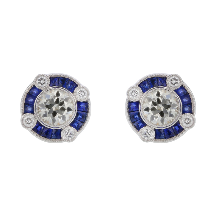 1.65ct Center Diamond 1.30ct French Cut Sapphires and 0.22ct Full Cut Diamonds Earrings