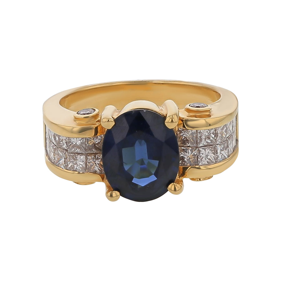 2.85ct Oval Sapphire and 1.65ct Princess Cut Diamond Invisible Set Ring in 18K Yellow Gold Circa 1970s Size 6.5