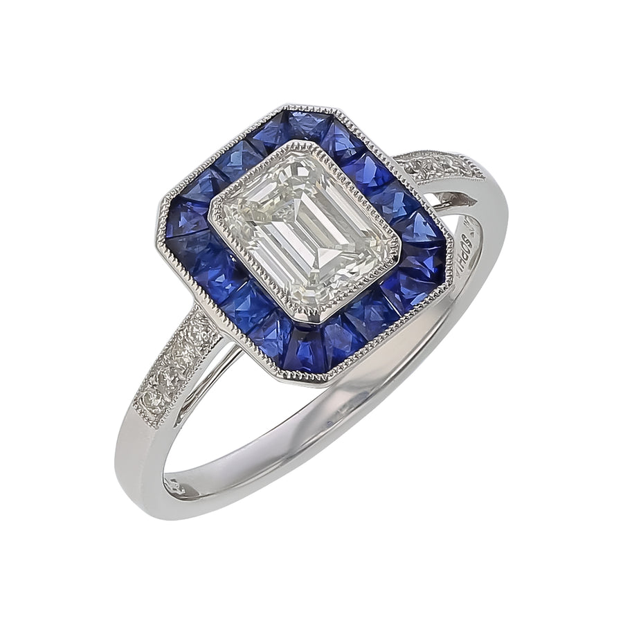 0.90ct Emerald Cut Diamond, 0.76ct Sapphire and 0.07ct Diamond Halo Ring in Platinum, Size 6.5