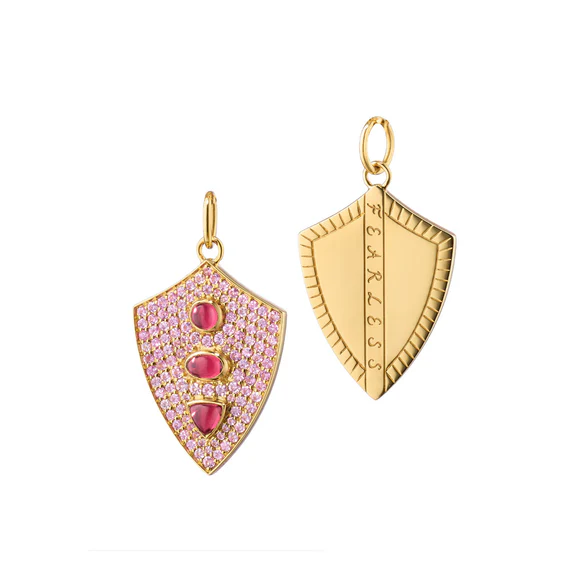 Pink Sapphire and Rhodolite "Fearless" Shield Charm in 18K Yellow Gold