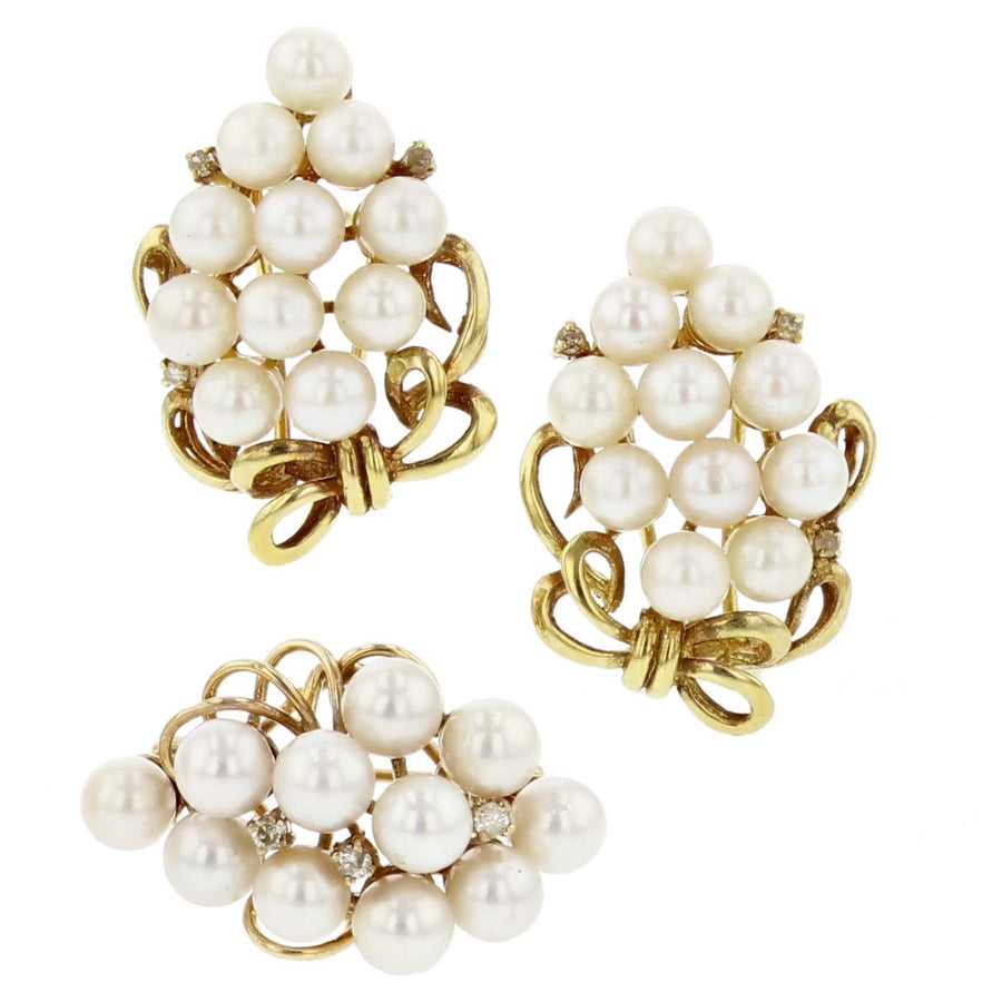 14K Yellow Gold 33 Cultured Pearl and 9 Round 0.16ct Diamond Earrings/Brooch Matched Set