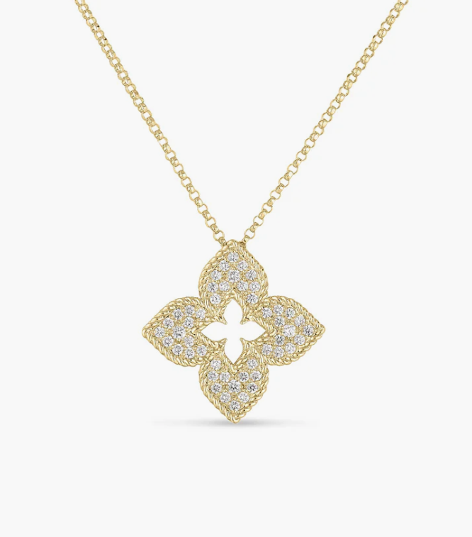 Venetian Princess 0.30ct Diamond Pave Flower Pendant in 18K Yellow Gold, 17" chain