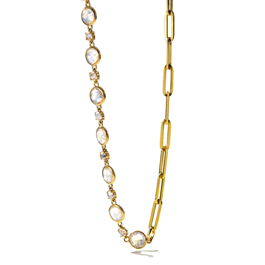 Moonstone Half Eyelet and Half Paperclip Link Necklace in 18K Yellow Gold, 17in