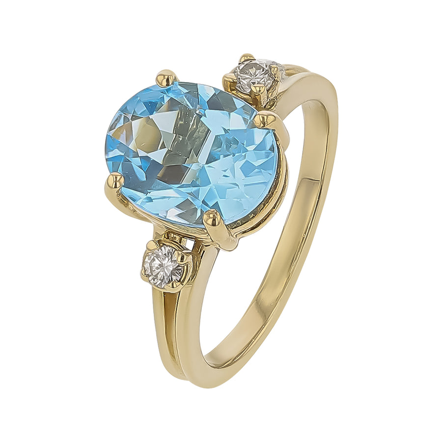 2.95ct Oval Blue Topaz and 0.10ct Full Cut Diamond 3 Stone Ring in 14K Yelllow Gold Size 5.25