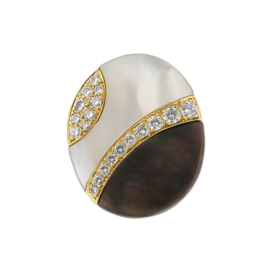 Black and White Mother of Pearl and 0.84ct Diamond Ring in 18K Yellow Gold, Size 6.25