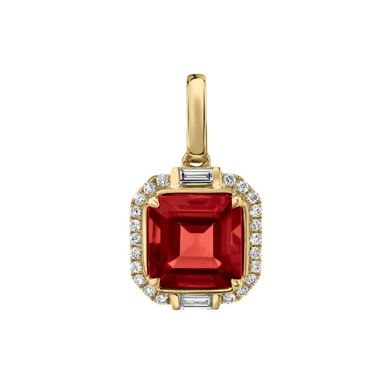 2.40ct Garnet and 0.22ct Diamond 8mm Halo Pendant in 14K Yellow Gold, 18" chain