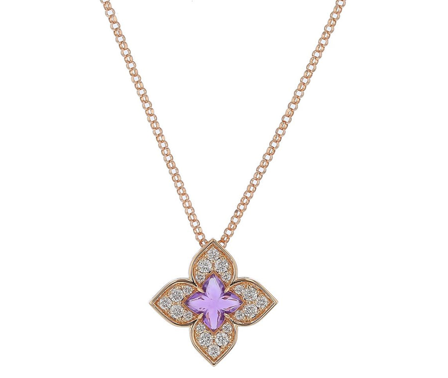 Venetian Princess 0.17ct Diamond and 0.40ct Amethyst Flower Pendant in 18K Rose Gold, 17in