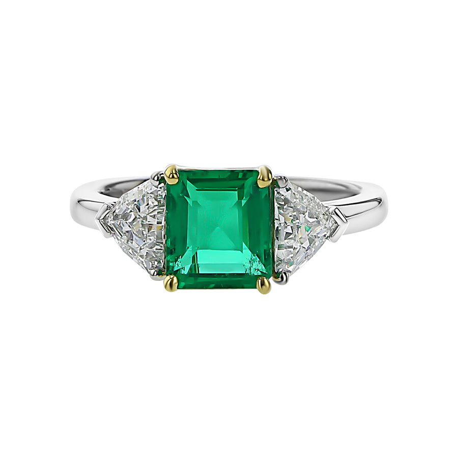 1.87ct Emerald Cut Colombian Emerald 0.91ct Shield Diamond 3 Stone Ring In Platinum and 18k Yellow Gold, Size 6.5