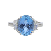 3.28ct Oval Brazilian Aquamarine 0.69ct Half Moon Diamonds 3 Stone Ring in Platinum, Size 6.5
