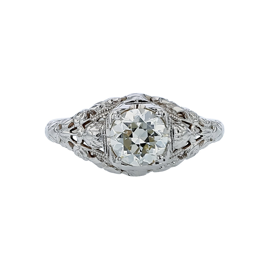 Art Deco 0.90ct Old European Cut Diamond Filigree Ring in 18K White Gold, size 6.5