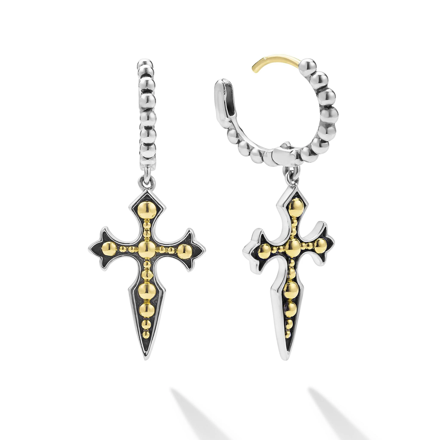 Anthem Cross Drop Earrings in Sterling Silver and 18K Yellow Gold