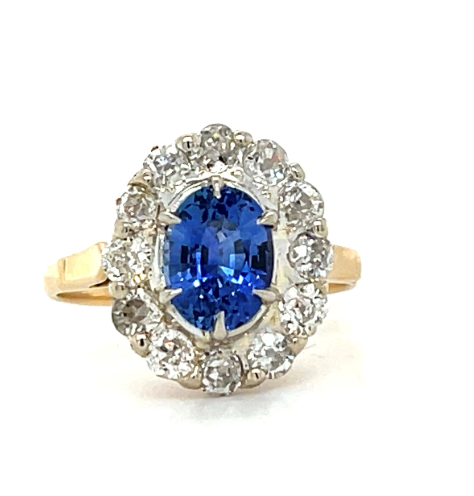 1.42ct Oval Sapphire and 1.44ct Diamond Halo Victorian Ring in 18K Yellow Gold, Size 6