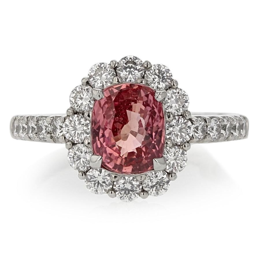 2.05ct Oval Orange-Pink Brilliant Sapphire and 0.82ct Diamond Ring in Platinum