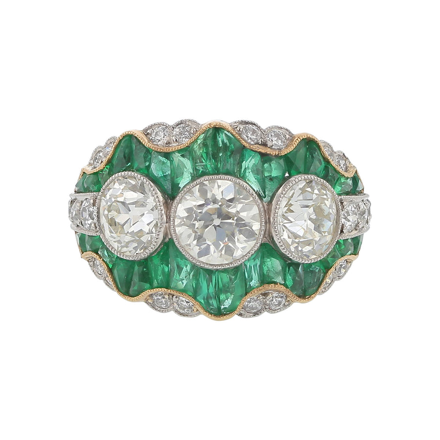 2.96ct Diamonds 2.00ct Swiss Cut Emeralds and 0.46ct Round Diamonds Ring in 18k Yellow and White Gold, Size 7