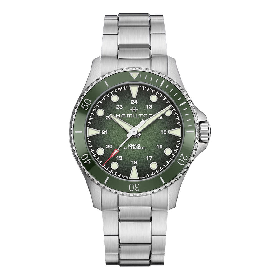 43mm Khaki Navy Scuba Automatic Watch with Green Dial in Stainless Steel, Bracelet