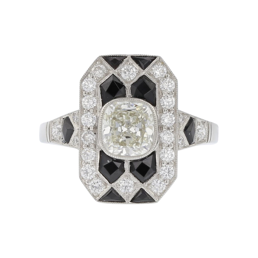 1.05ct Old Mine Cut Diamond with 0.42ct Diamonds and 0.75ct Black Onyx Ring in Platinum, size 6.5
