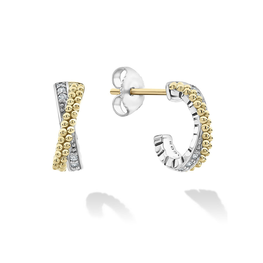 Diamond "X" Crossover Hoop Earrings in Sterling Silver and 18K Yellow Gold, 13mm