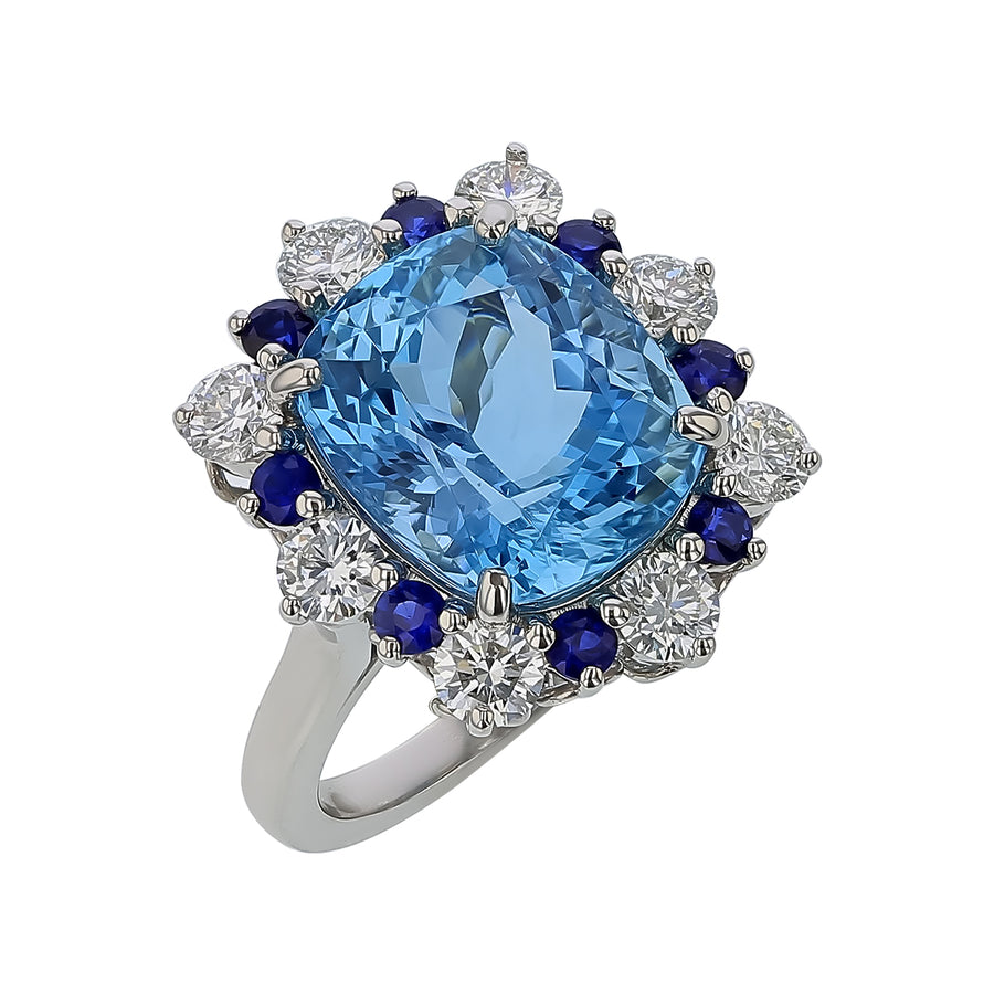 7.21ct Cushion Aquamarine, 1.34ct Diamond and 0.57ct Sapphire Halo Ring in Platinum, size 6.5