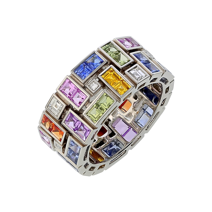 Masterpiece 5.08ct Multi Color French Cut Sapphire and 0.54ct Diamond Eternity Ring in Platinum, size 7