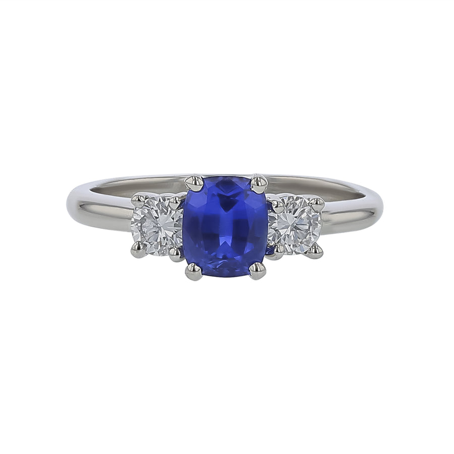 1.26ct Cushion Sapphire and 0.36ct Diamond 3 Stone Ring in Platinum, size 6.25