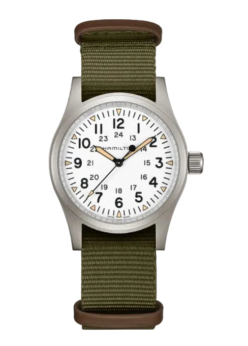 38mm Khaki Field Mechanical Watch with White Dial in Stainless Steel, Strap