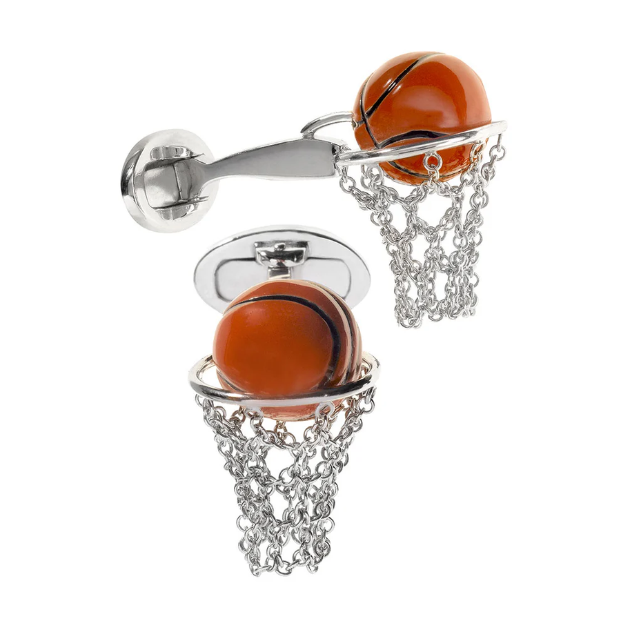 Basketball Hoop Cufflinks in Sterling Silver and Orange Enamel