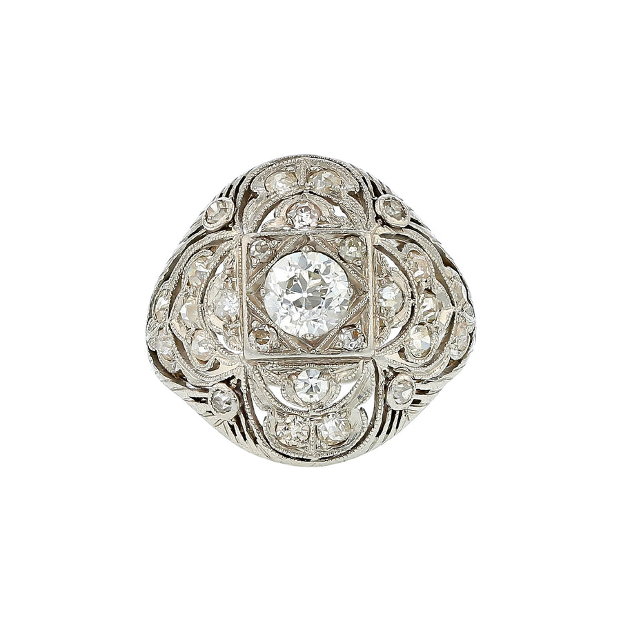 0.63ct Diamond and 0.70ct Single Cut Diamonds Art Deco Shield Ring in Platinum, Size 4.5