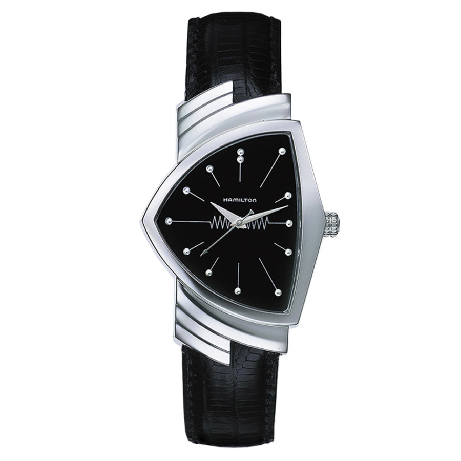 32x50mm Ventura Quartz Black Dial Watch in Stainless Steel with Black Leather Strap