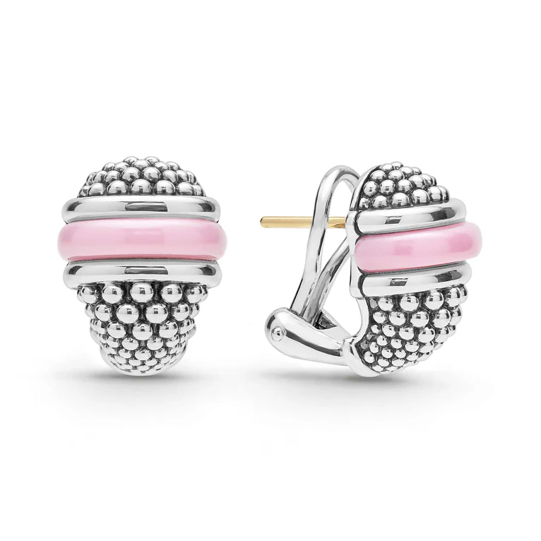 Pink Caviar Omega Back Earrings in Sterling Silver and Ceramic