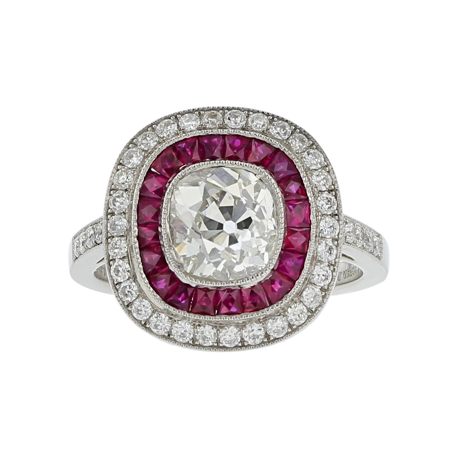 1.78ct Old Mine Cut Diamond 0.68ct French Cut Ruby and 0.39ct Diamond Halo Ring in Platinum, size 6.5