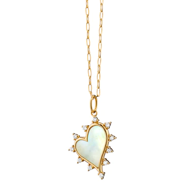 "Midi" Mother of Pearl and Diamond Heart Charm in 18K Yellow Gold, 17in