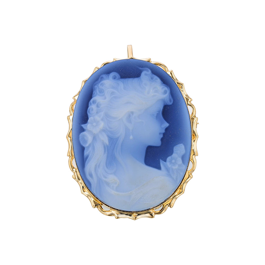 Black Onyx Oval Lady Cameo Pendant or Pin in 14K Yellow Gold, without chain