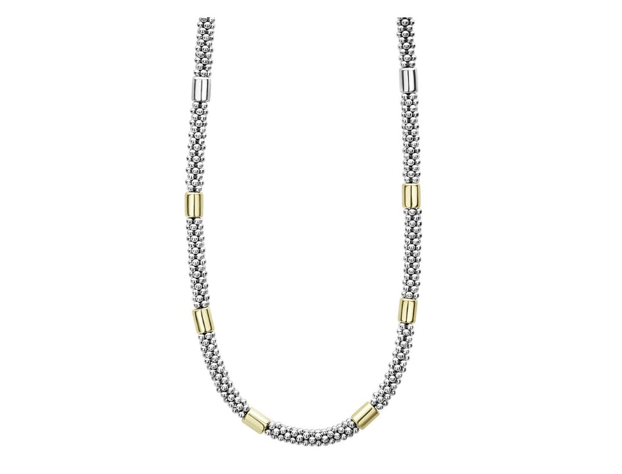 High Bar 7mm Smooth Station 5mm Necklace in 18K Yellow Gold and Sterling Silver, 18in