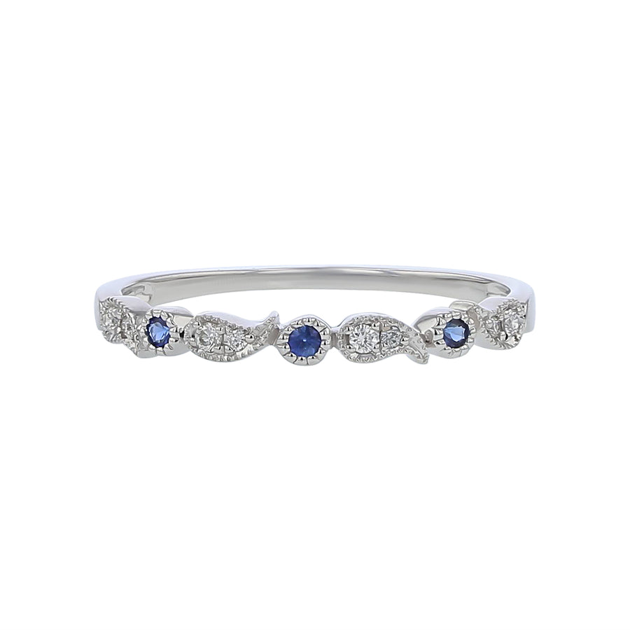 0.05Ct Full Cut Diamond 0.05Ct Round Blue Sapphire Alternating Band in 14k White Gold, Size 6.5