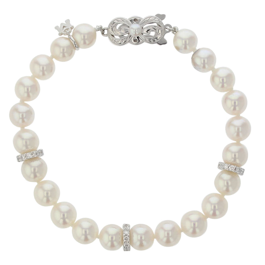 18KW 23 7-7.5mm Akoya A Pearls and 27 Full Cut Diamond 0.45ct (3 Diamond Rondelles) 7.5" Bracelet